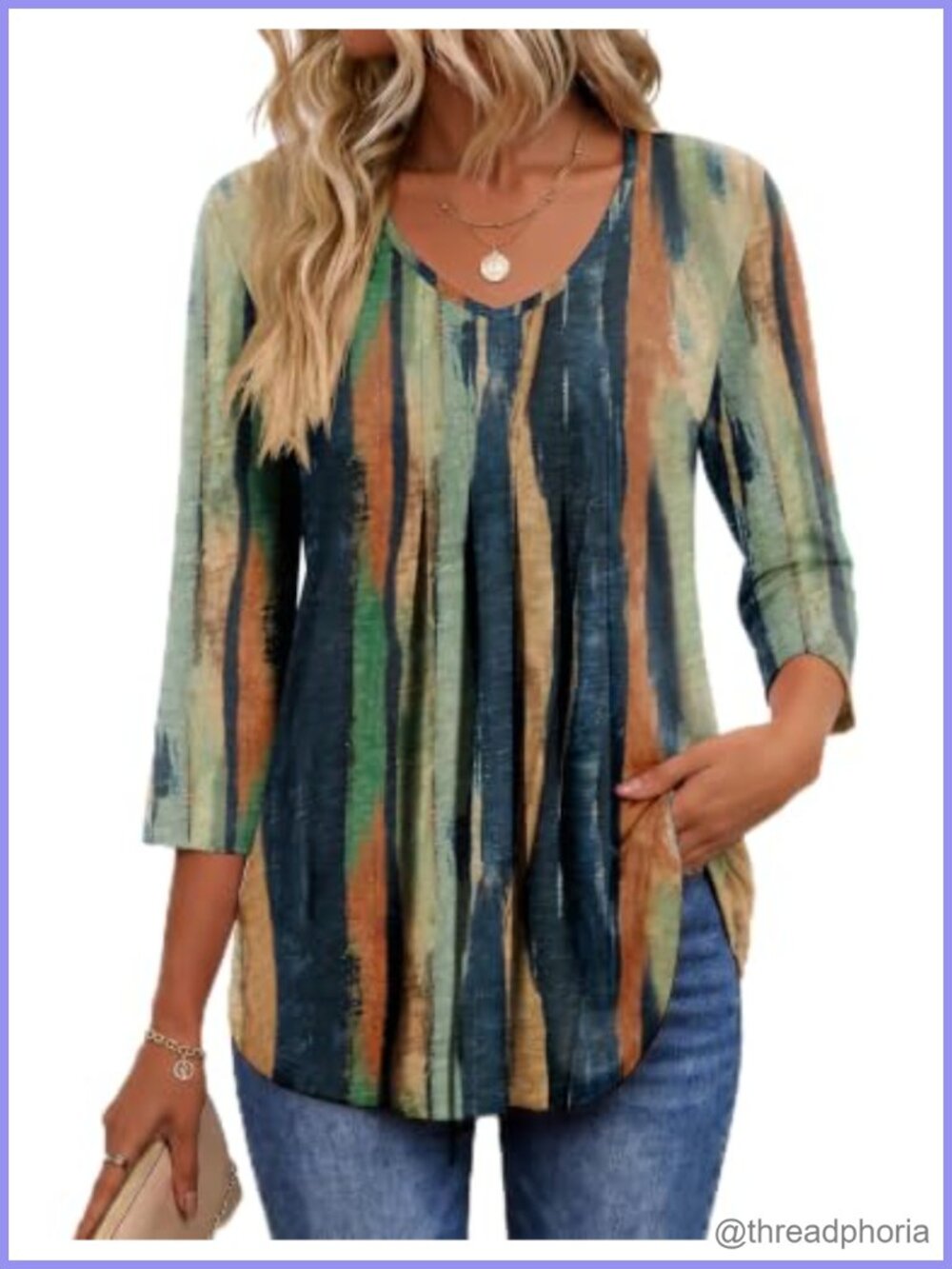 Women's 3/4 Sleeve V Neck Pleated Blouse Casual Tunic Top